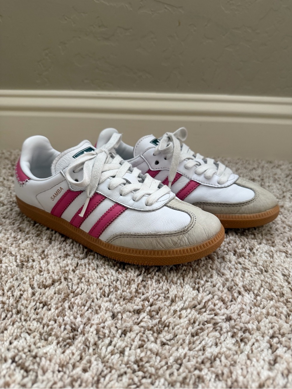 adidas Kids Samba Sneakers - White with Pink Stripes and Gum Sole